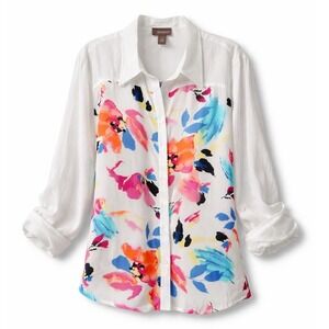 Chicos Women White Floral Print Button Down Long Tab Sleeve Shirt Size 4 XL